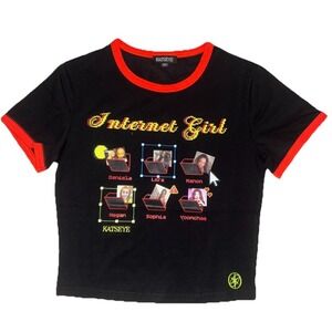 KATSEYE T Shirt S/M Black Baby Tee Internet Girl Merch Cropped Ringer NEW